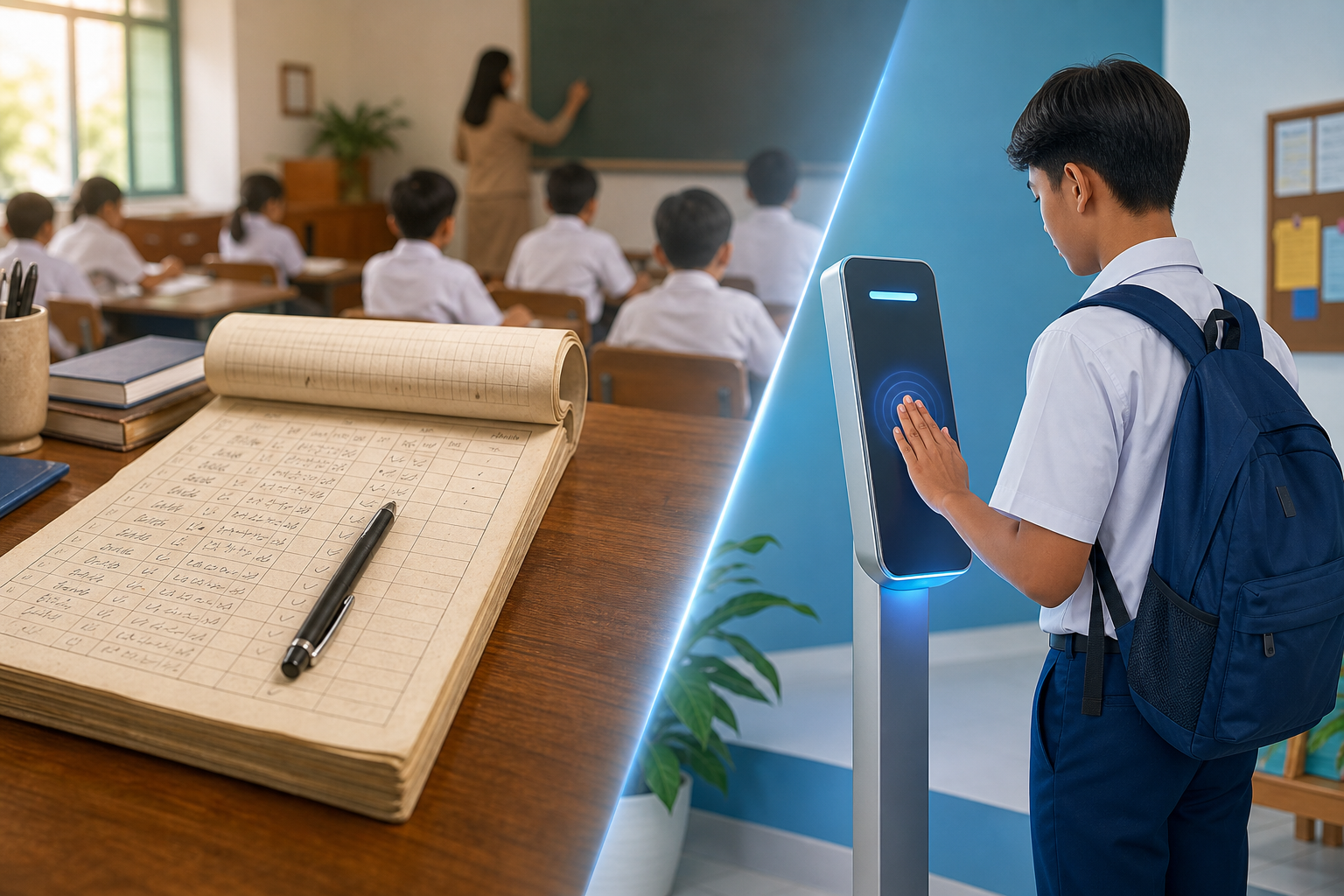 Ilustrasi perbandingan absensi manual dan digital