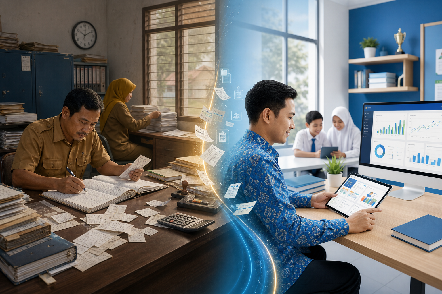 Ilustrasi perbandingan sekolah digital dan konvensional